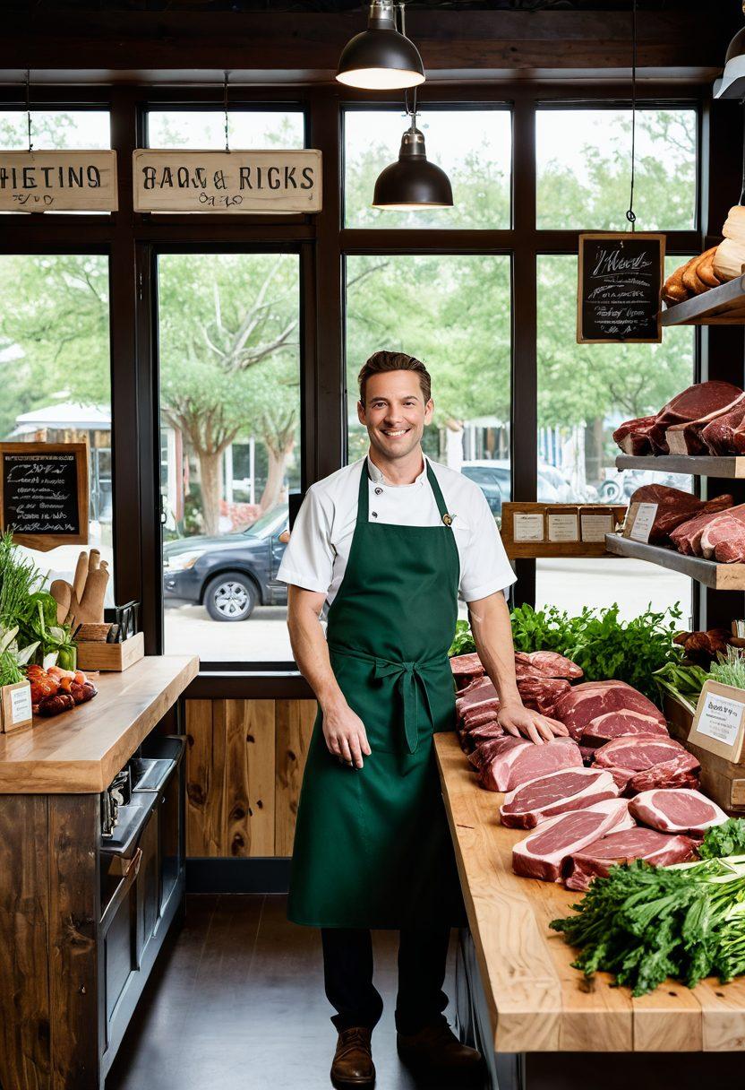 A rustic butcher shop displaying a variety of ethically sourced meats, surrounded by green plants and wooden accents. Include a knowledgeable butcher demonstrating sustainable meat selection techniques, with an emphasis on organic labels and eco-friendly packaging. Natural light filtering through large windows, creating a warm and inviting atmosphere. Captivating details of fresh herbs and spices on the counter. super-realistic. vibrant colors.