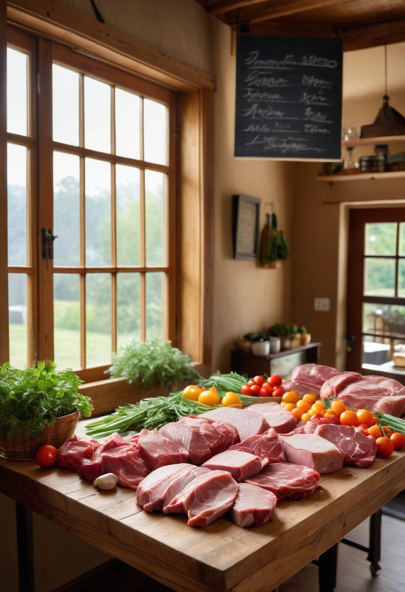 A skilled butcher expertly slicing a variety of premium, locally sourced meats on a wooden countertop, surrounded by fresh herbs and colorful vegetables. Sunlight streams through a rustic window, illuminating the textures and colors of the meats, showcasing professionalism and craftsmanship. A chalkboard in the background lists local farms providing the ingredients. super-realistic. warm tones. cozy kitchen setting.