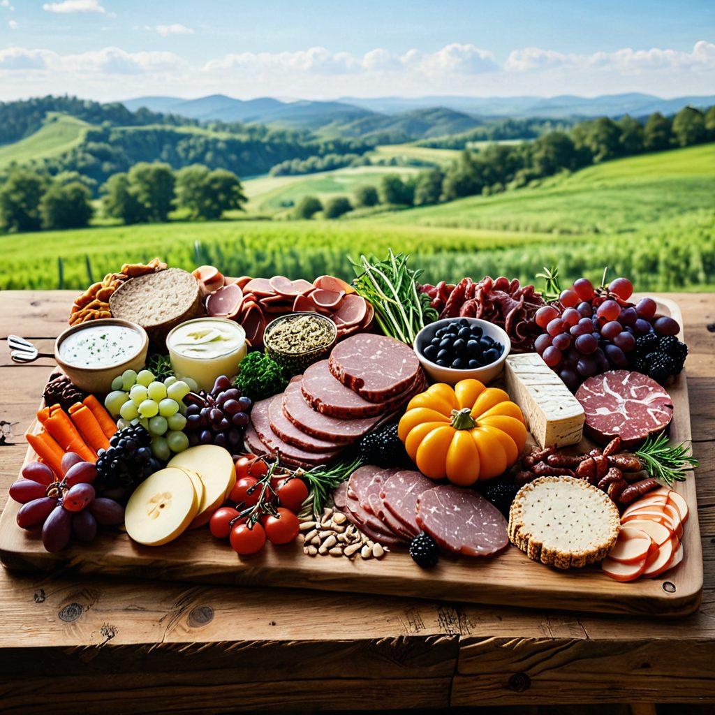 A beautifully arranged wooden charcuterie board showcasing an array of premium, locally sourced meats, complemented by fresh herbs and vibrant seasonal vegetables. In the background, a rustic farm scene with rolling hills and grazing animals symbolizes the local sourcing concept. Soft, natural lighting highlights the textures and colors of the meats, evoking a sense of craft and quality. Elegant typography overlays the image, inviting readers to discover more. super-realistic. vibrant colors. rustic style.